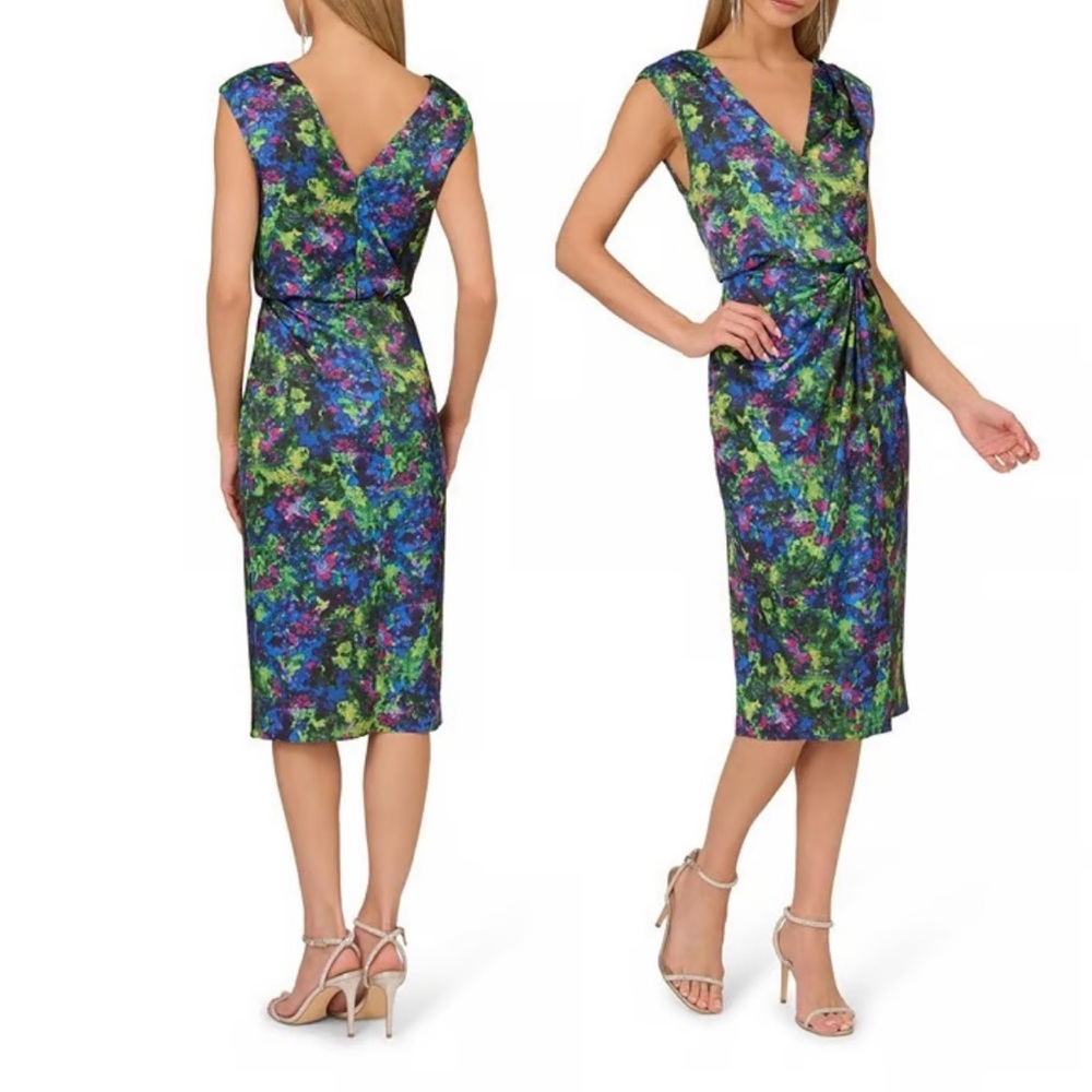 NWT Adrianna Papell Floral Satin V-Neck Midi Dress sz 2